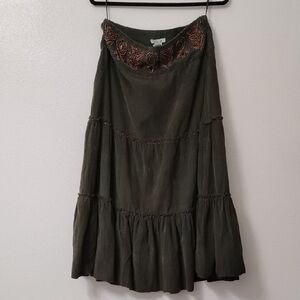 Embroidered Waist Olive Green Tiered Maxi Skirt